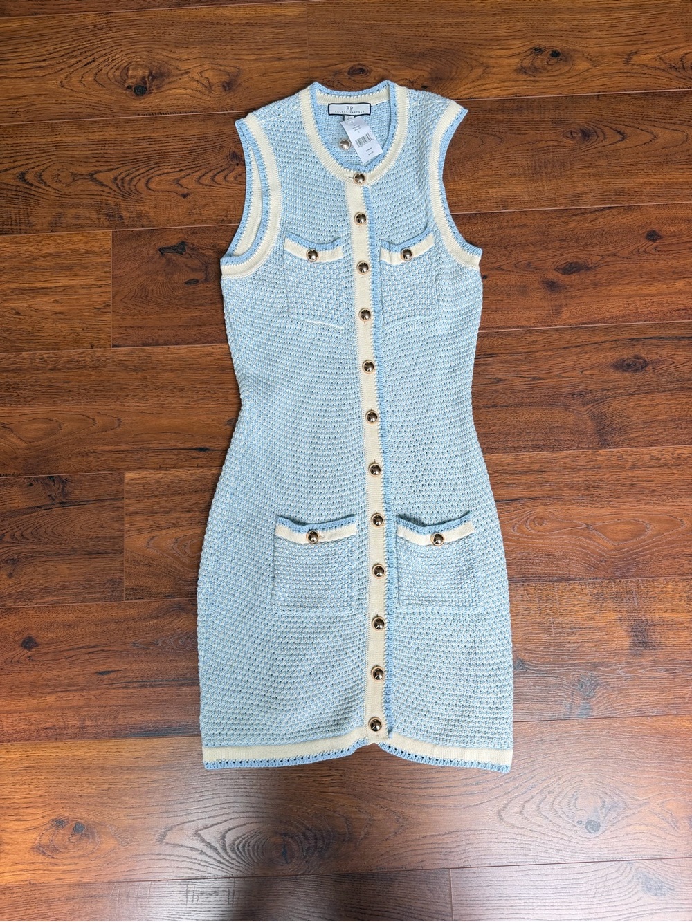 Rachel Parcell Light Blue Knit Button-Front Sheath Dress with Cream Trim